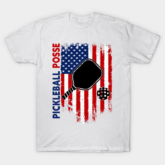 Pickleball Posse, Cool design With A racket and A vintage American Flag T-Shirt by GlossyArtTees